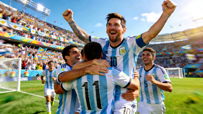 Lionel Messi celebrating a goal during World Cup match with Argentina teammates
