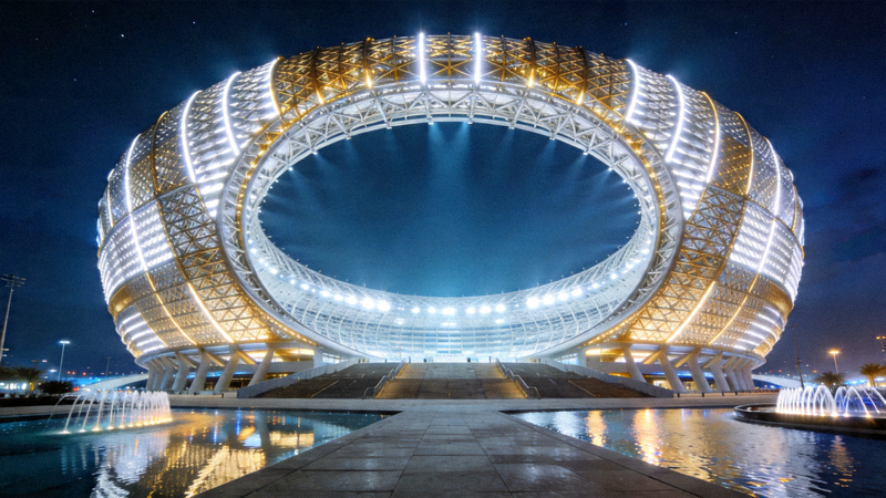 Lusail Stadium exterior view at night with impressive architecture and lighting